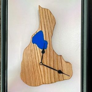 Hand Crafted solid reclaimed wood clock in the shape of Block Island,RI.